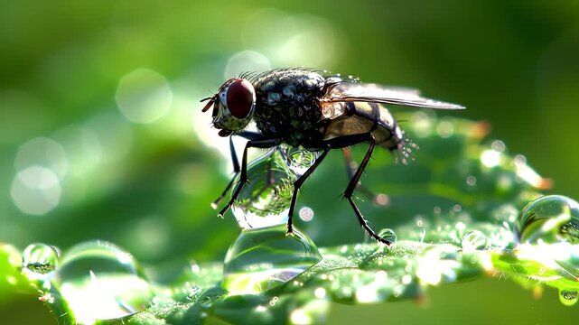 Macro photograph of a common housefly perched on a vibrant green leaf glistening with morning dew drops showcasing intricate details and natural beauty