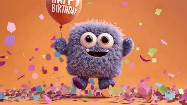happy birthday greetings with cute fluffy monster with balloon animation