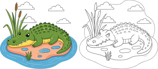 Cute Crocodile Character in Swamp Vector Illustration with Coloring Page Version Isolated on White Background for Kids Activity