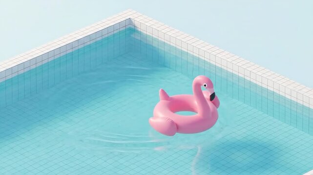 Isolated pink flamingo float drifts in bright blue pool water