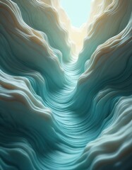 Obraz premium Flowing abstract wavy layers create smooth blue and cream colored canyon texture. Bright light shines from above, giving sense of depth. Smooth form and organic shape create soothing effect.