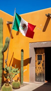 Mexican Flag on Yellow Adobe Wall with Saguaro Cacti and Rustic Wooden Door