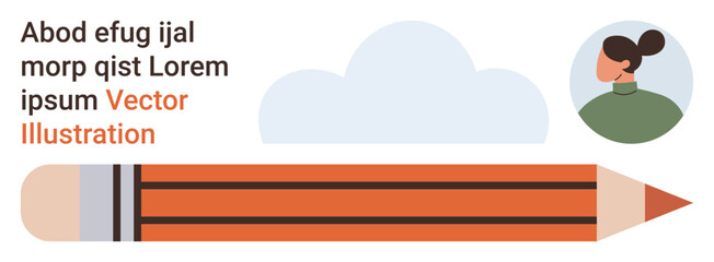 Education, creativity, design, writing, professional growth, online identity. An orange pencil, cloud illustration and female portrait. Education and creativity concepts © robu_s