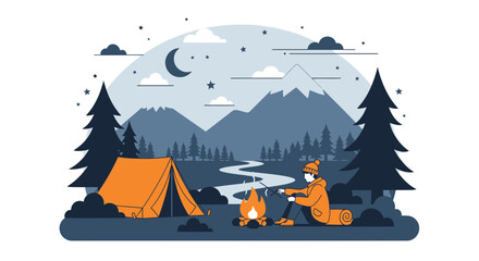 Obraz premium Camping under the stars serene night scene featuring a tent and mountains in the background