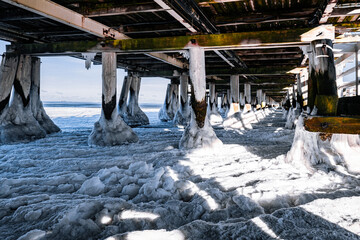 Frozen old wooden pier on the Baltic Sea in Sopot