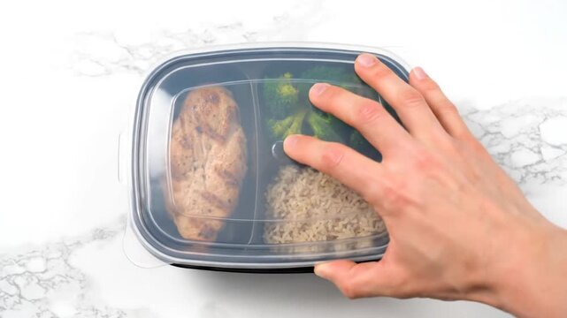 Sequence showing packing a meal with chicken, rice, and broccoli into a plastic container. Hands place a lid on the container, securing it for storage or transport.