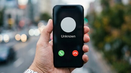 Hand holding a smartphone with an unknown call displayed on screen, against a blurred city background