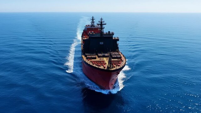 Aerial Tracking Shot of Large Cargo Ship Sailing Across the Deep Blue Ocean
