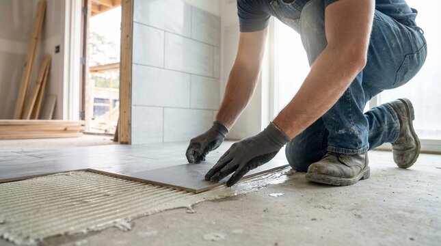 Skilled Worker Installing Ceramic Floor Tiles in a New Home During Renovation Project