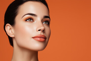 Naklejka premium Close-up of a woman's face with a radiant, dewy complexion against an orange background