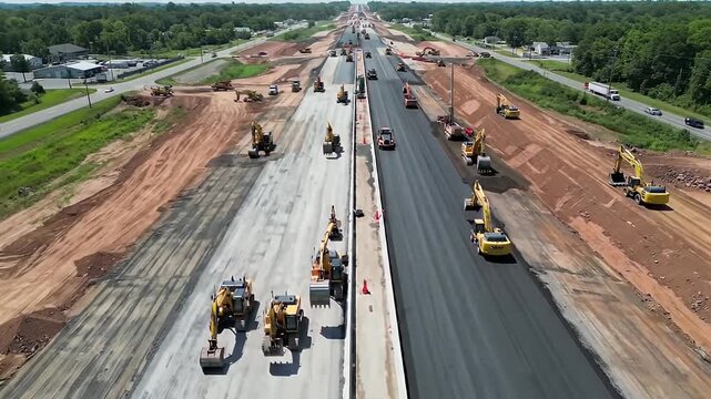 Aerial view of a highway construction site with heavy machinery paving asphalt and expanding lanes for improved traffic flow and infrastructure development