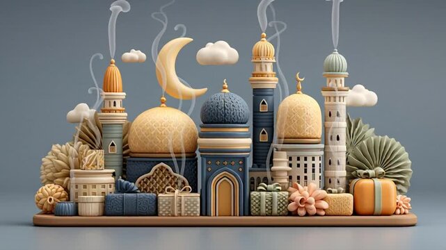 3D Rendering of Mosque with Crescent Moon.