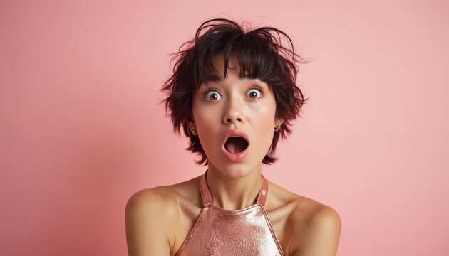 Young woman shows shock and surprise expression. Her mouth is open wide looking directly forward. Messy hair and wide eyes show extreme reaction. Happy excited emotion.