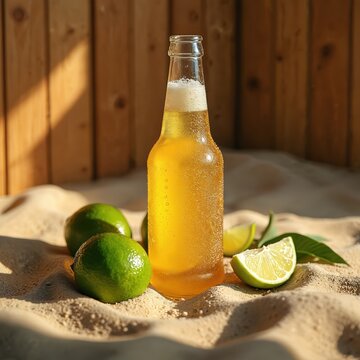 Cold beer bottle with condensation sits on sand with limes. Wooden background suggests beach or bar setting. Refreshing drink perfect for summer.