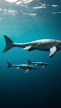 Mosasaurus Family Pod Swimming in Deep Blue Prehistoric Ocean with Sunlight Rays