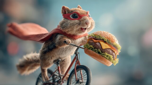 Heroic Superhero Squirrel Riding Bicycle Carrying Giant Hamburger