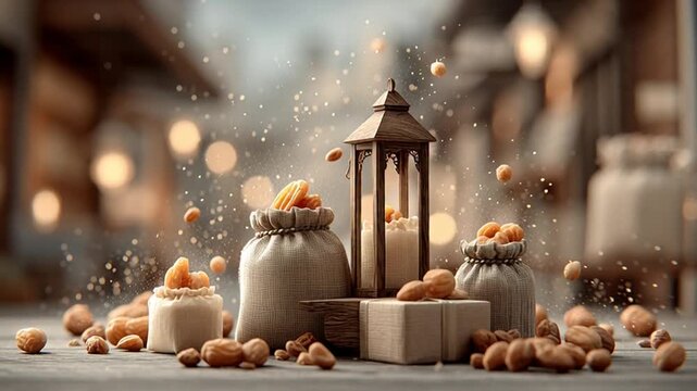 Bags of Nuts and Lantern on Table.