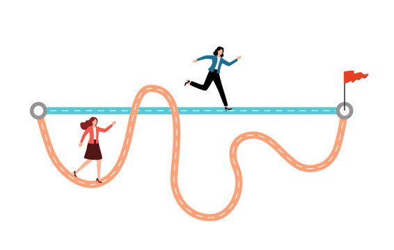 Shortcut To Success concept Businesswoman holding pen in hand leads a drawing line from point A to point B for Easy or shortcut way to win business success achievement of goals,Simple Solution