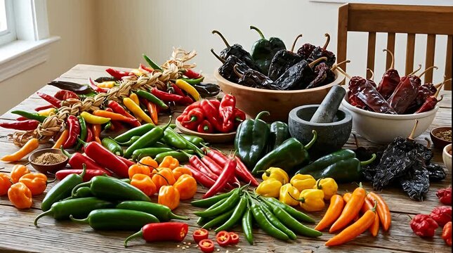 Abundant assortment of fresh and dried chiles for cooking and spice blends chili peppers fresh, variety.