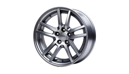Obraz premium Shiny, silver alloy wheel with multiple spokes, isolated on a stark black background