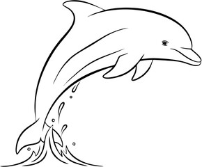 Fototapeta premium Graceful vector illustration of a powerful dolphin mid-leap from the ocean surface, creating dynamic water splashes in a clean, black and white line art style