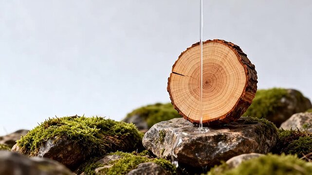 Tree trunk cross section on mossy rocks
