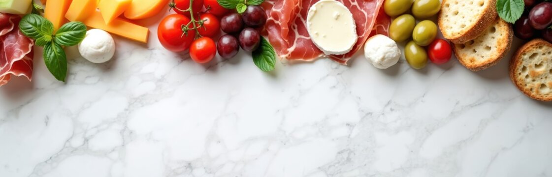 Gourmet charcuterie platter top border with cheese, prosciutto, olives, grapes, tomatoes, and bread. Food spread on white marble surface. Top view with empty space for text.