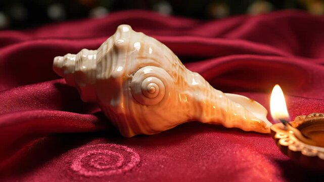 Conch Shell and Lit Oil Lamp on Red Silk Fabric with Soft Focus Background