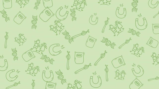 Seamless looping science doodle pattern animation with DNA, magnet, notebook and kids illustrations on soft green background. Perfect for education, STEM, school intro videos.