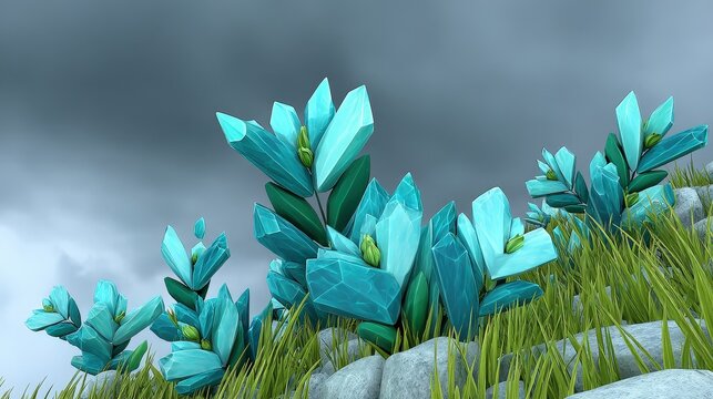 Vibrant Teal Crystals Among Lush Green Grass Under Dark Clouds
