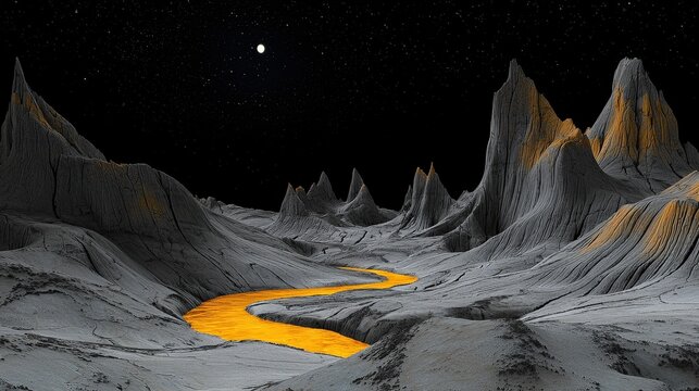 Otherworldly Landscape with Glowing River and Starry Night Sky