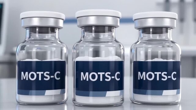 MOTS-c peptide therapy for longevity and biohacking, three glass vials
