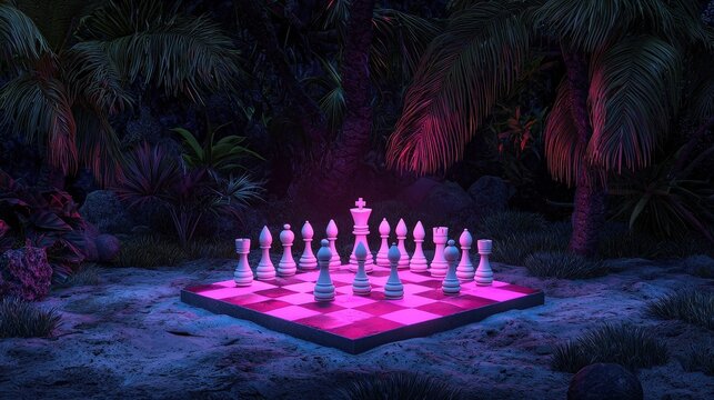 Chess Game Set in a Mystical Jungle with Vibrant Colors at Night