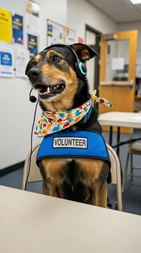 Happy dog wearing headset and blue volunteer vest working as customer support agent