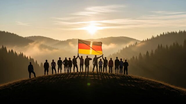 Diverse Group of German Citizens Celebrating Unity on Mountain Peak at Sunrise