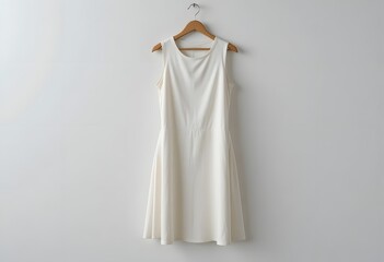A white sleeveless dress hangs from a wooden hanger against a plain white wall viewed from the front.