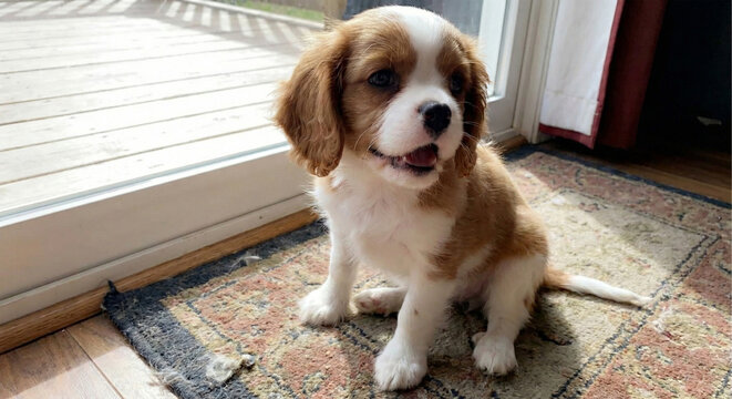 Adorable cavalier king charles spaniel puppy sitting on rug indoors