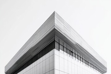Obraz premium Sharp corner of a modern commercial building with tiled lower facade, ribbon glass windows and horizontal metal cladding in a minimalist monochrome composition conveying calm precision