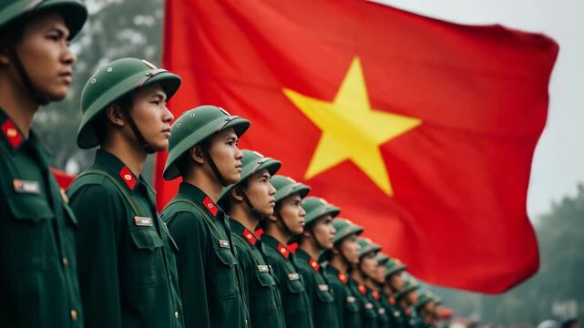 Southeast Asian soldiers in green uniforms standing in line for national holiday parade ceremony