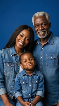 Happy Multi-generational Black Family Portrait with Grandfather Mother and Son in Denim Outfits