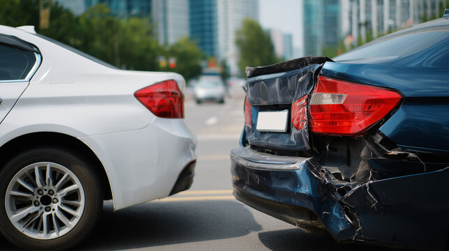 Real-world insurance documentation style image of two vehicles after rear collision, close focus on structural damage to bumper beams and trunk lid, visible crumple zones compresse