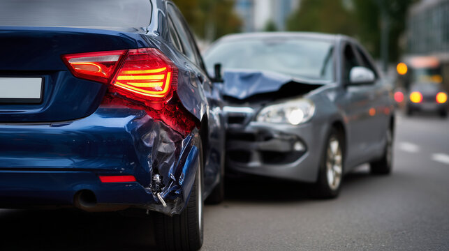 Real-world insurance documentation style image of two vehicles after rear collision, close focus on structural damage to bumper beams and trunk lid, visible crumple zones compresse
