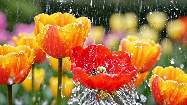 Red And Yellow Tulips Blooming Vibrantly In Spring Garden With Soft Focus