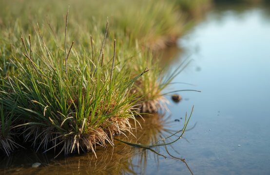 Close-up view of Juncus acutus plants growing at edge of calm water body. Green grass clusters with brown seed heads reflect on wet surface. Natural wetland habitat in soft light.