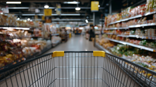 First-person grocery aisle moment with empty wallet centered in frame, shopping cart containing only a few basic essentials, endless rows of packaged goods fading into distance, bo