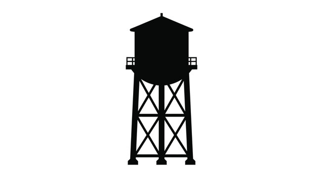A striking black water tower stands against a white background silhouette