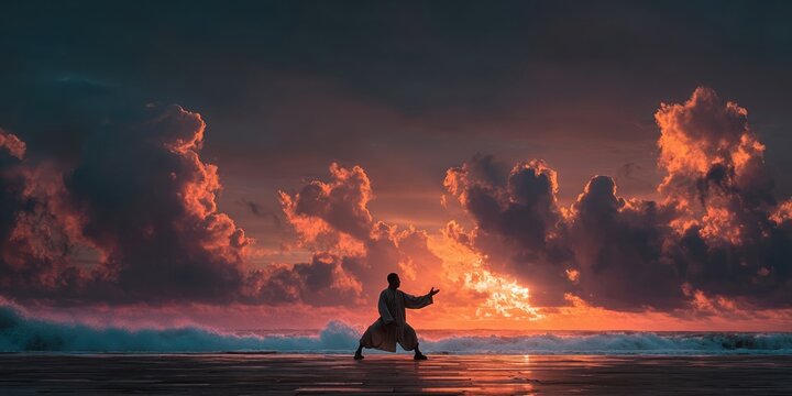 mindful balanced movement against colorful evening landscape