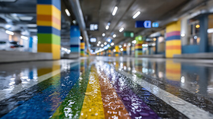 Artistic perspective shot of an empty underground parking garage at night, multicolored columns illuminated by soft LED strips, water droplets scattered across the shiny concrete s