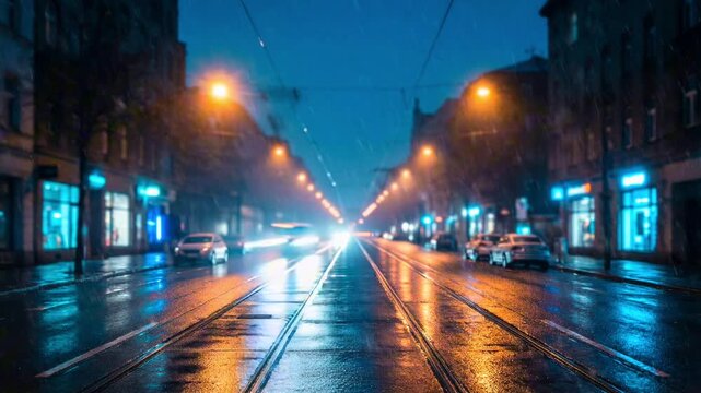 Night street timelapse with wet tram rails, teal and amber neon reflections, signs unreadable
