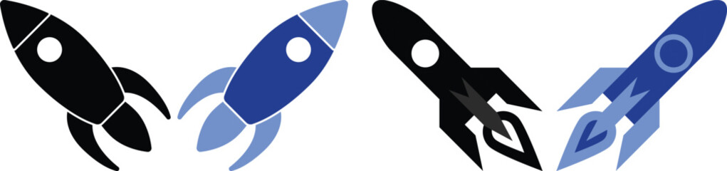 Obraz premium Modern rocket launch icon set in blue flat and line style. Collection includes startup, space shuttle, takeoff and boost symbols ideal for apps, technology and innovation themes.